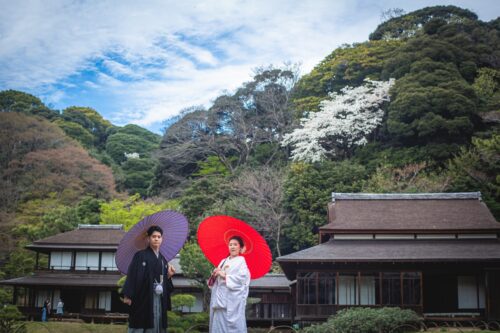 三渓園 三溪園 和傘 赤い傘 和装 フォトウェディング 横浜 白無垢 前撮り