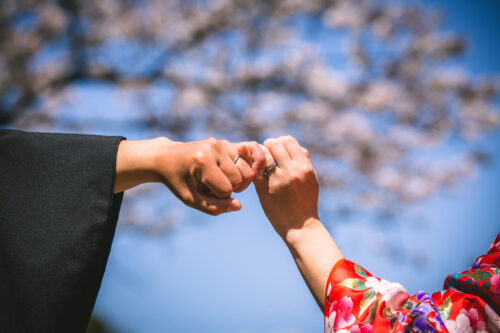 称名寺　和装　前撮り　安い　満開　いつ　座る　正座　横浜　赤　色打掛　指輪　桜　さくら　青空
