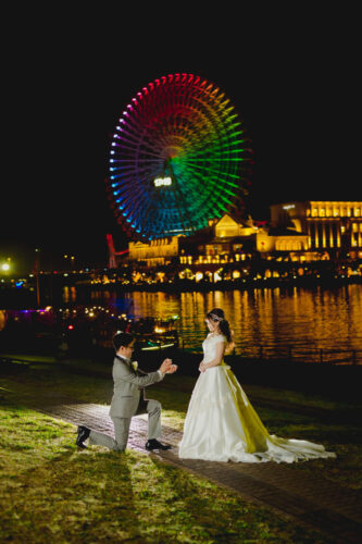 フォトウェディング　ドレス　日本丸　メモリアルパーク　結婚　写真　観覧車　インターコンチネンタルホテル　ナイト　夜景　プロポーズ