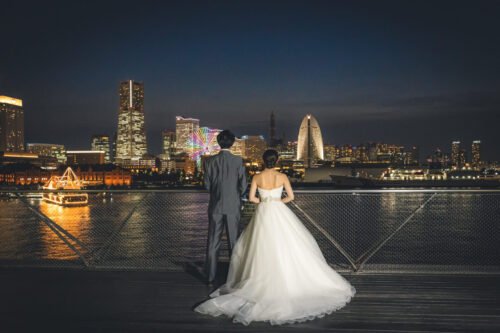 横浜　大さん橋　大桟橋　ナイト　安い　リーズナブル　安価　フォトウェディング　写真だけ　結婚　ウェディング　ドレス　ベール　夜景　出張カメラマン