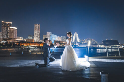 横浜　大さん橋　大桟橋　ナイト　安い　リーズナブル　安価　フォトウェディング　写真だけ　結婚　ウェディング　ドレス　ベール　夜景