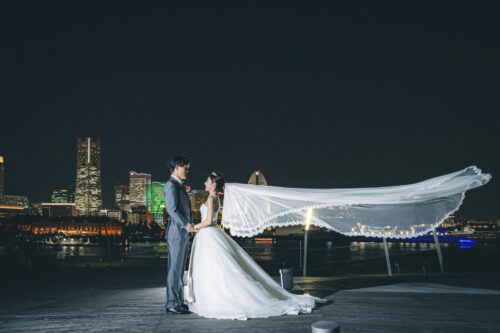 横浜　大さん橋　大桟橋　ナイト　安い　リーズナブル　安価　フォトウェディング　写真だけ　結婚　ウェディング　ドレス　ベール　夜景