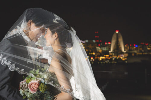 横浜　大さん橋　大桟橋　ナイト　安い　リーズナブル　安価　フォトウェディング　写真だけ　結婚　ウェディング　ドレス　ベール　夜景　出張カメラマン