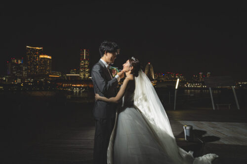 横浜　大さん橋　大桟橋　ナイト　安い　リーズナブル　安価　フォトウェディング　写真だけ　結婚　ウェディング　ドレス　ベール　夜景　出張カメラマン