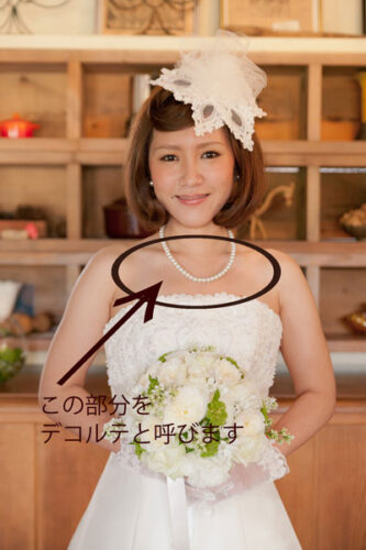 ウェディングドレスを着た花嫁の鎖骨まわりを丸で囲み、デコルテと呼ばれる部分を示した解説写真