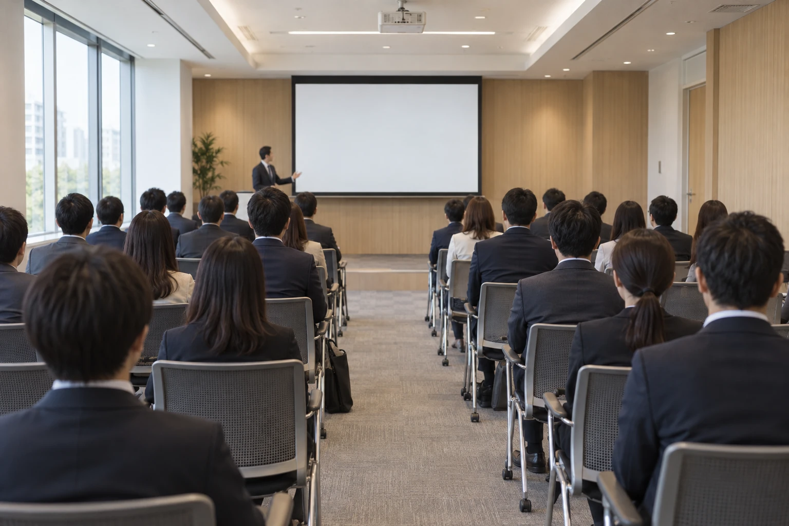 登壇者とスクリーンを後方から見た社内セミナー会場のイメージ