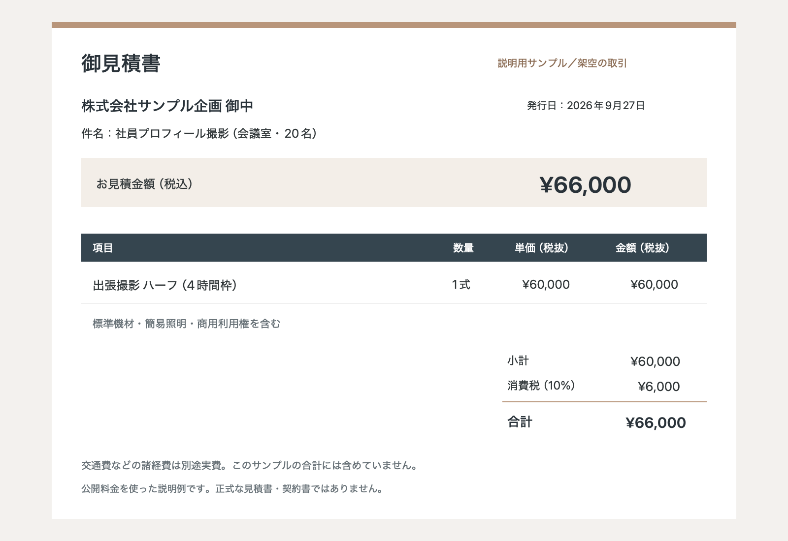 架空の会社あての撮影見積書サンプル。ハーフ4時間枠66,000円(税込)の内訳