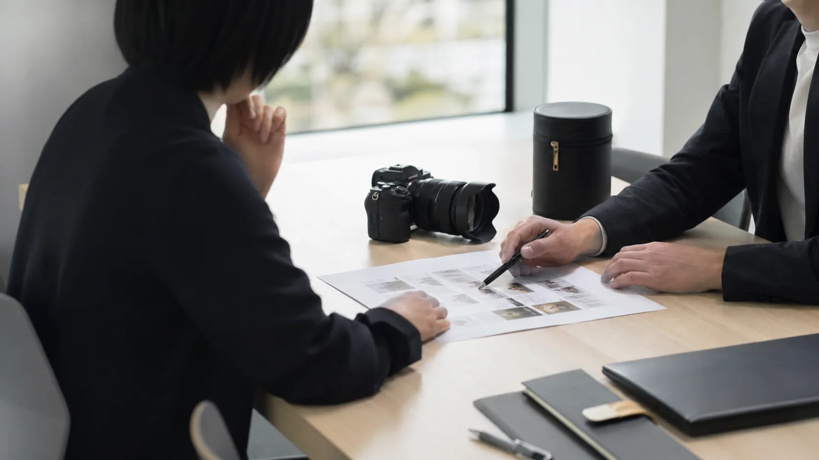 撮影前に企業担当者とカメラマンが打ち合わせをしている様子