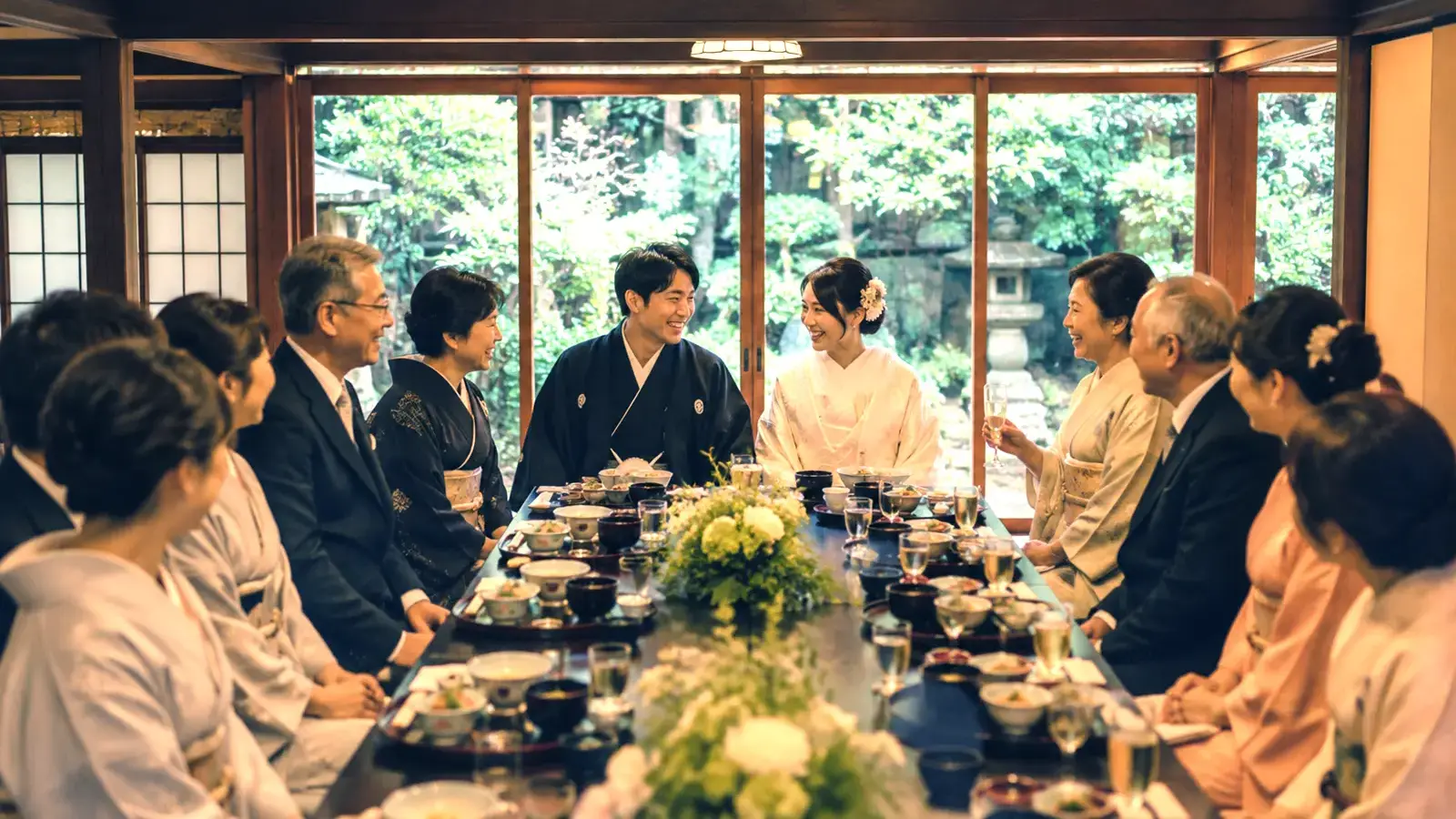 ひがし茶屋街での撮影後に、新郎新婦と家族が和やかに会食を楽しんでいる様子