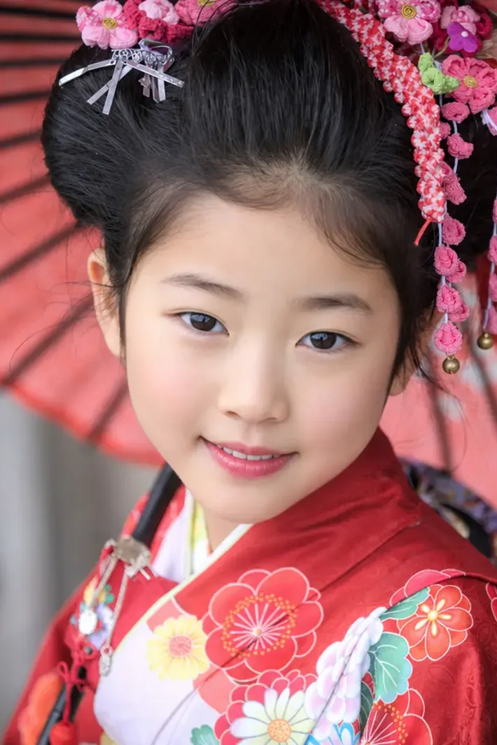 赤い和傘を差して笑う7歳の女の子、四つ身姿の七五三前撮り（本牧神社・横浜）