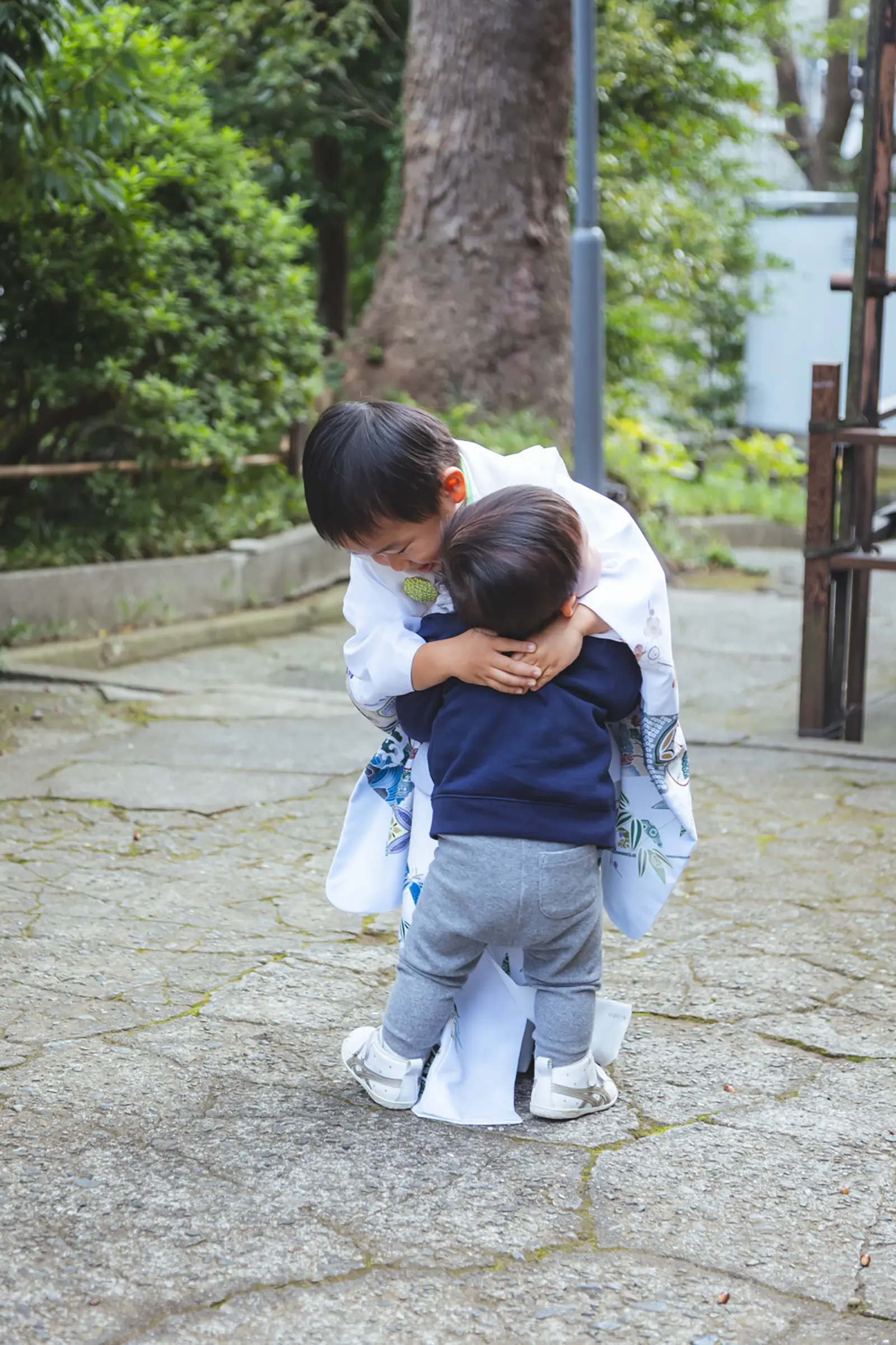 年下の男の子を抱きしめる3歳の男の子の後ろ姿、白い被布姿の七五三（伊勢山皇大神宮・横浜）