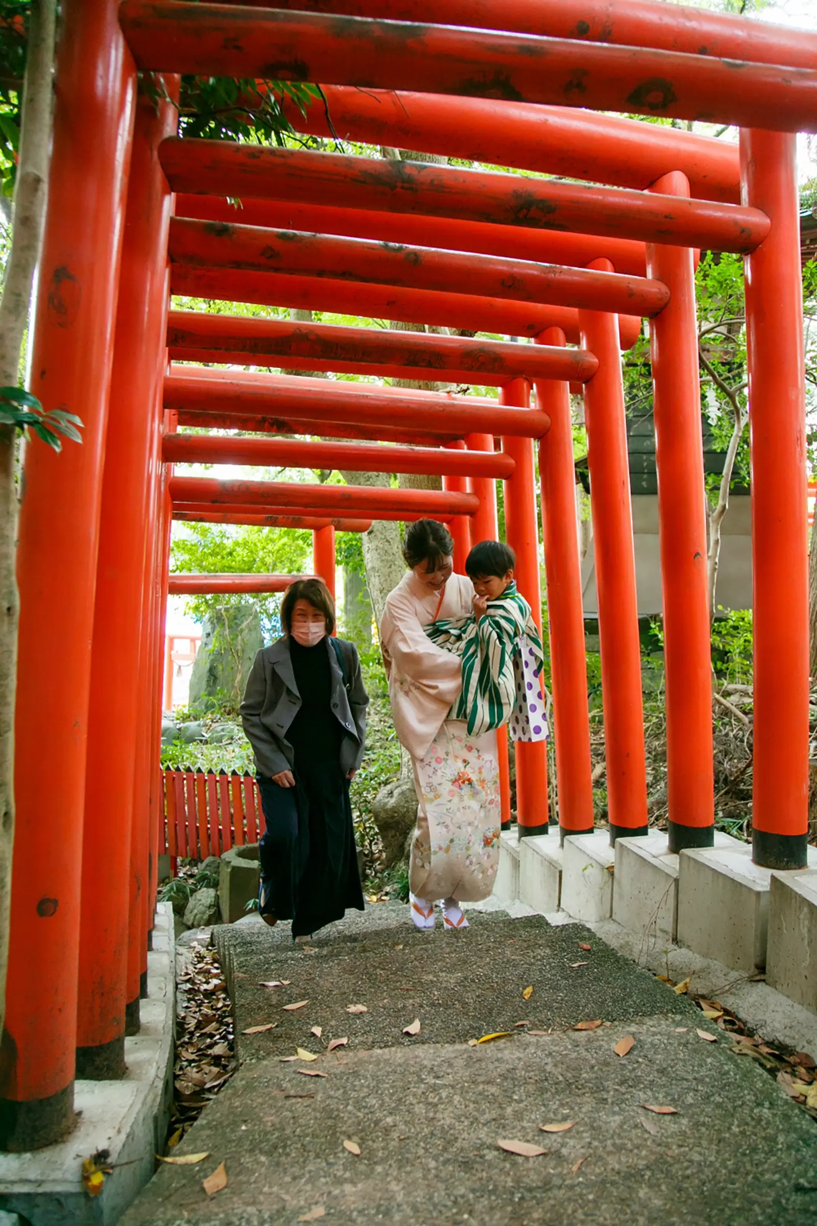 朱の鳥居が連なる石段を母に抱かれて下りる3歳の男の子とご家族｜石浦神社の七五三出張撮影（金沢）