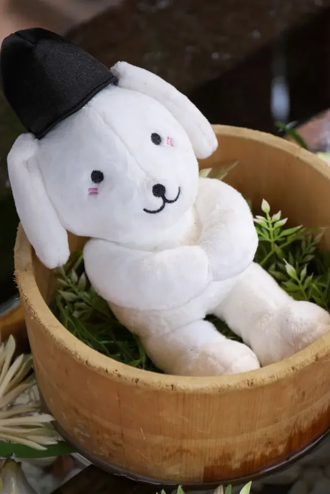 烏帽子をかぶった白いぬいぐるみが座る石浦神社の花手水、七五三の日の金沢