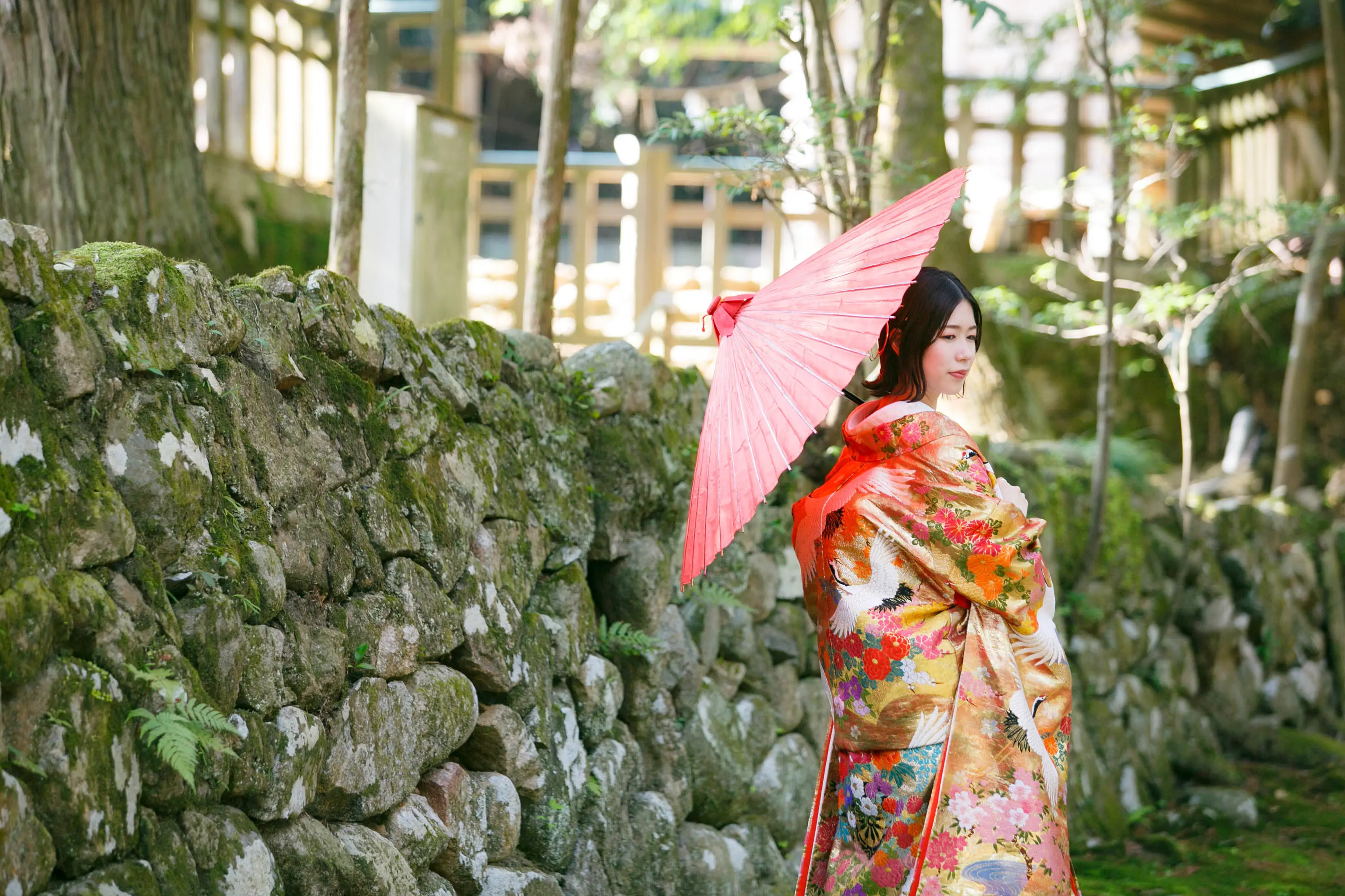 気多大社の苔むした石垣の参道で赤い和傘を差す鶴柄の色打掛姿の新婦