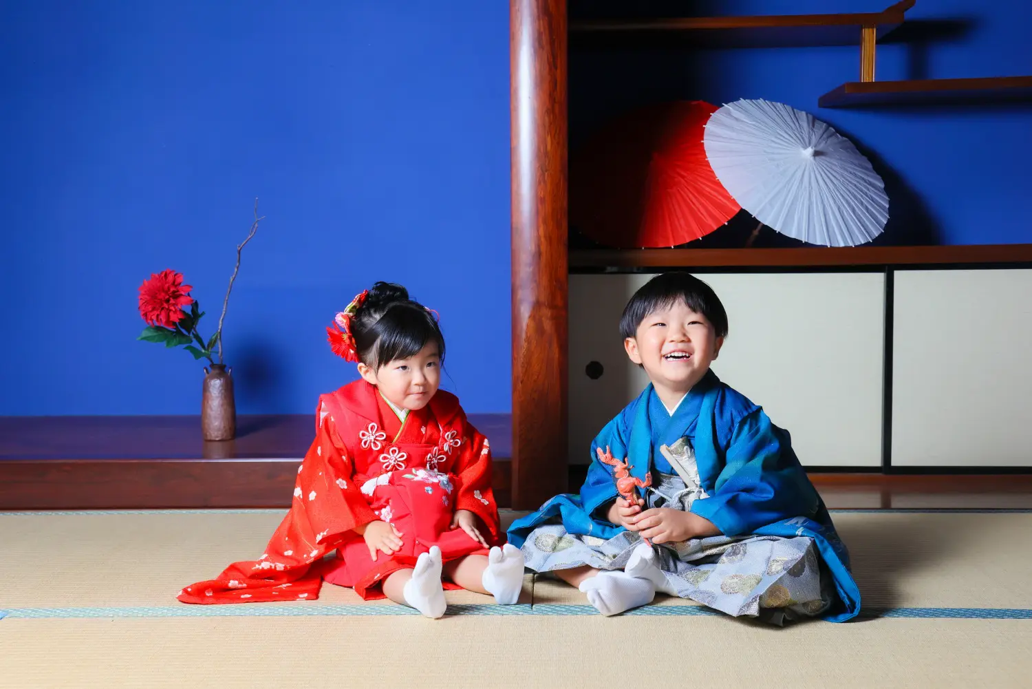 青い壁と畳の和室セットに座る5歳の男の子と3歳の女の子、七五三のスタジオ撮影（金沢店）