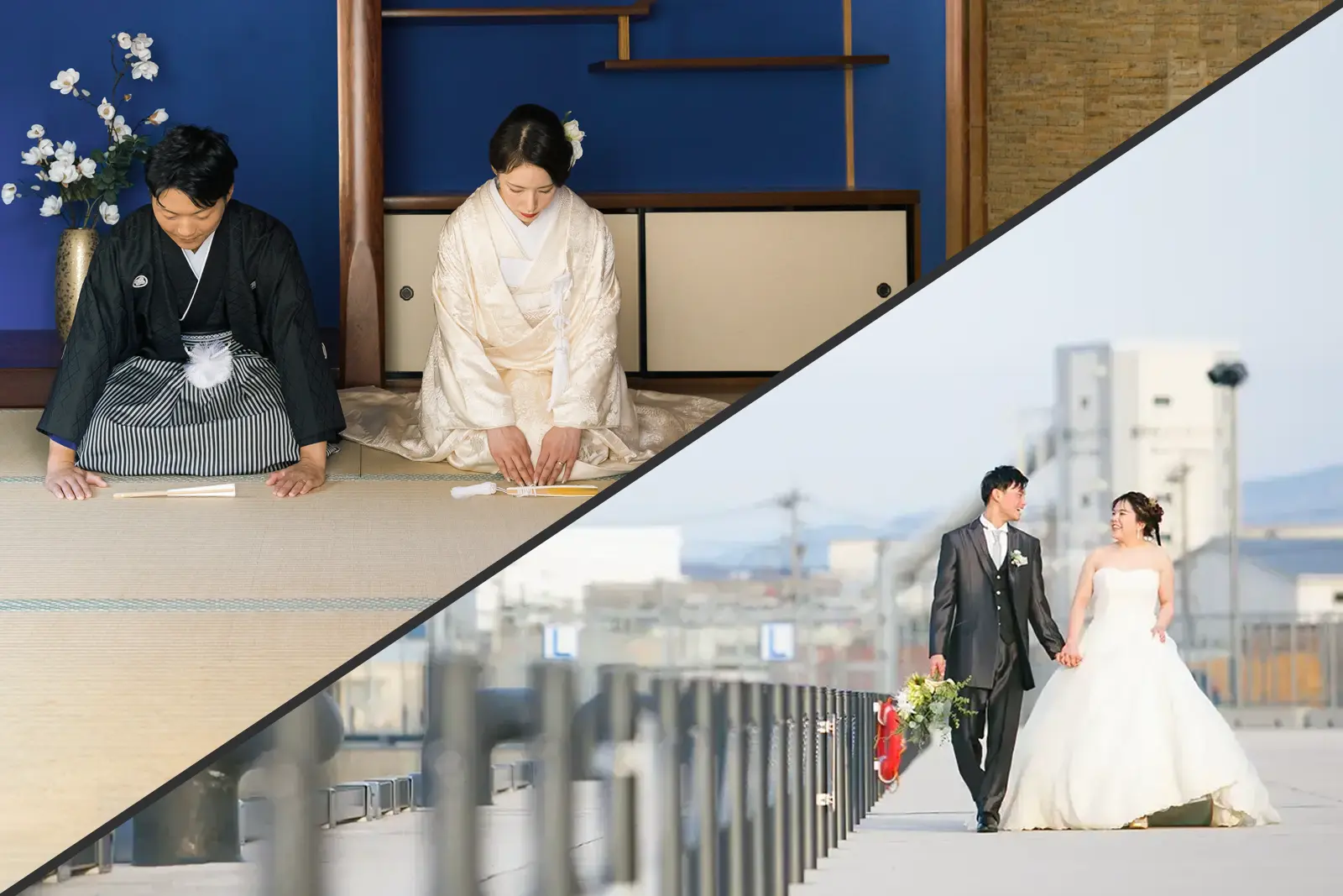 金沢の街並みや自然を背景にした洋装ロケーションフォトと、スタジオで美しく残す和装（白無垢・色打掛）撮影の様子