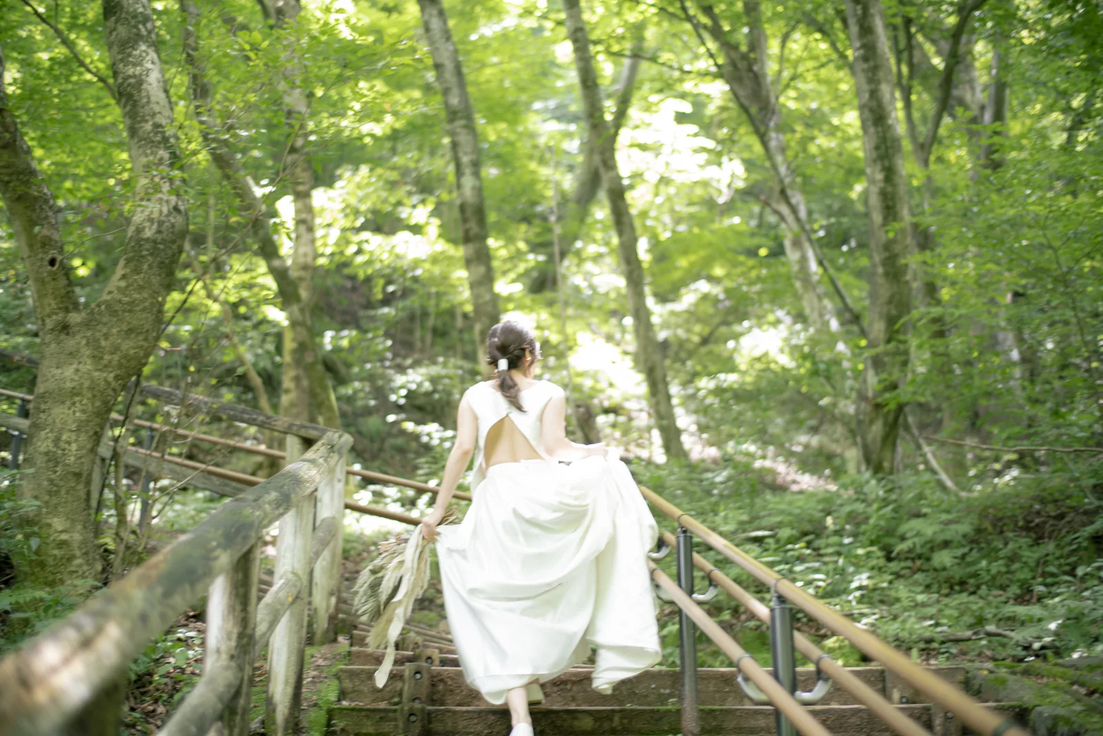 新緑の森の階段を、ドレスの裾を持って上がるウェディングドレスの新婦の後ろ姿
