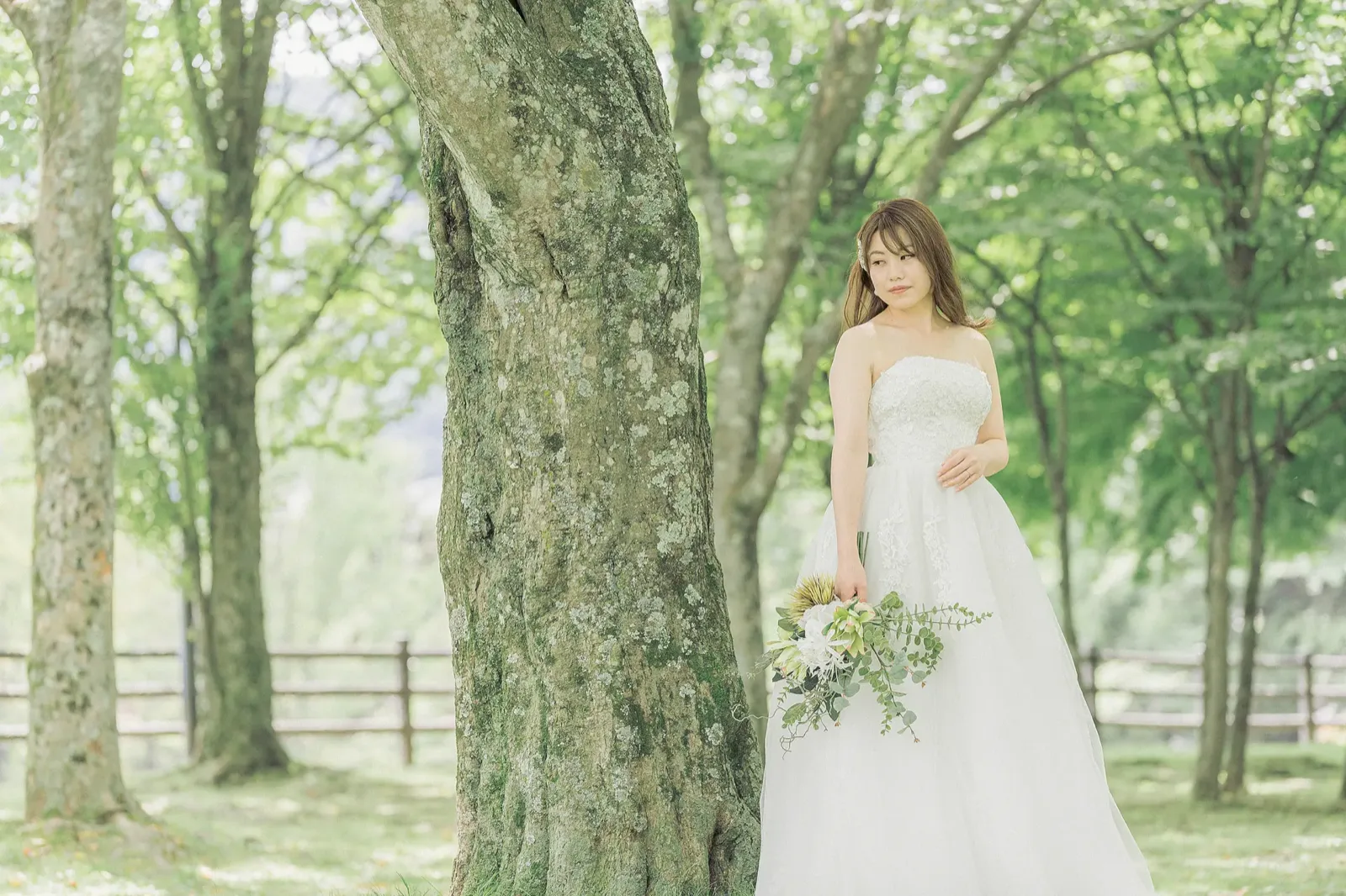 軽井沢・矢ヶ崎公園の新緑の並木に立つウェディングドレスの新婦