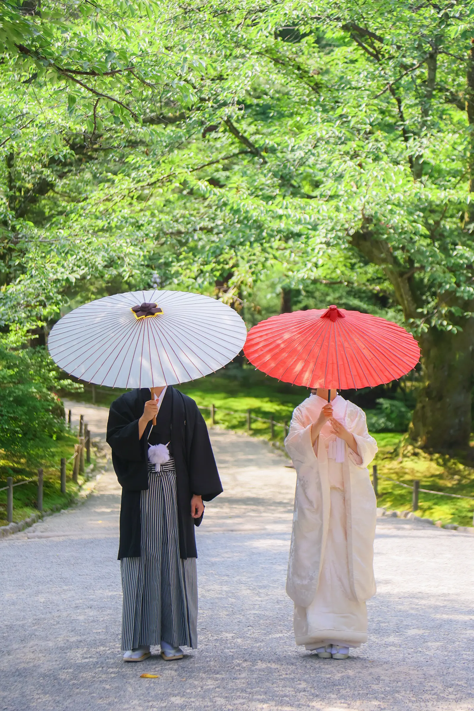 金沢の兼六園の並木道で和傘を持って並ぶ白無垢姿の新婦と紋付袴の新郎