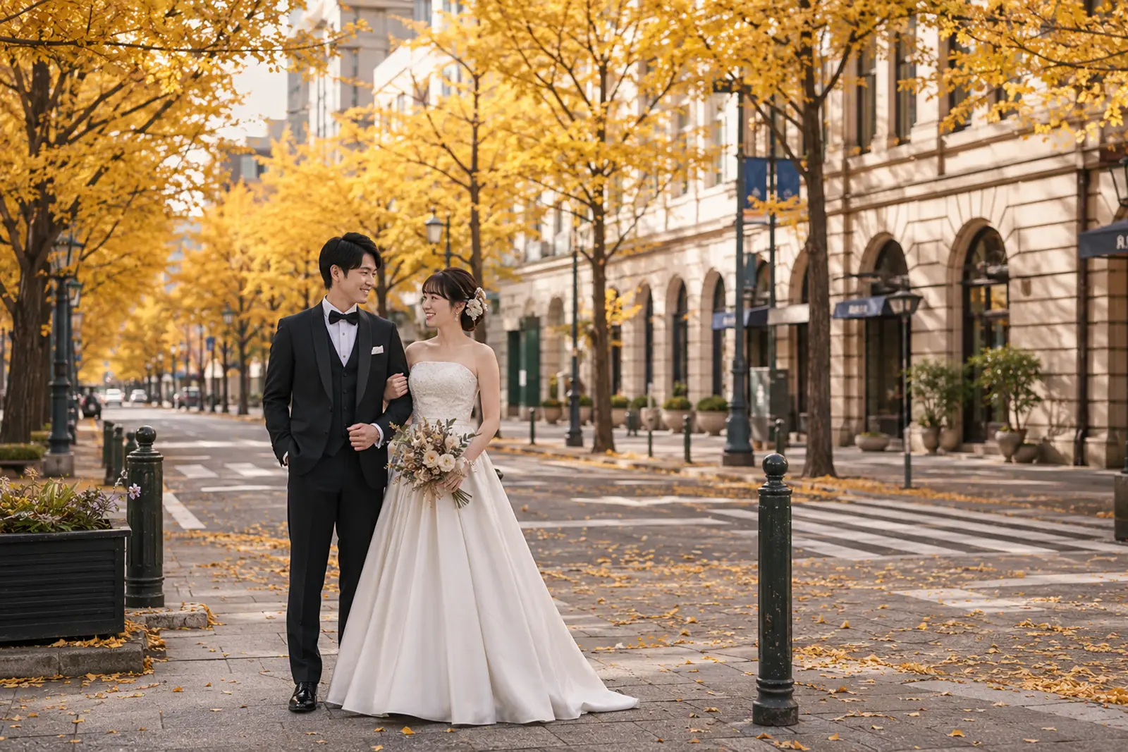 日本大通りのようなクラシックな街並みとイチョウ並木で洋装の新郎新婦が並ぶ写真