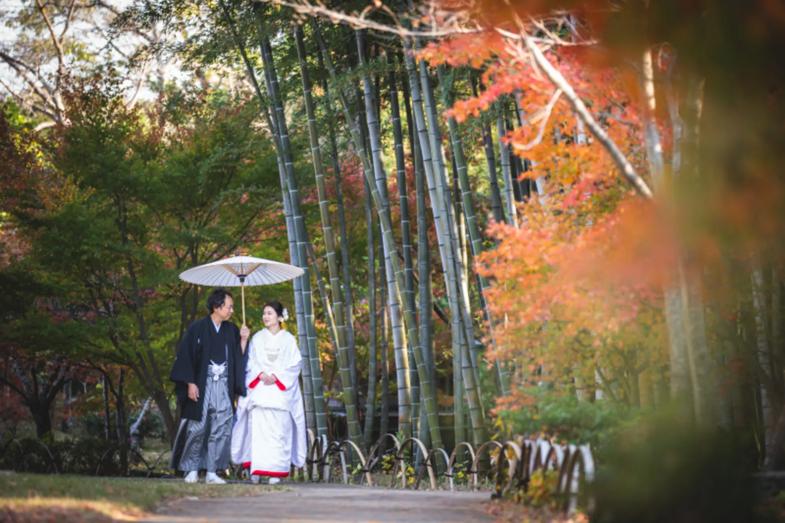 竹林と紅葉が重なる大磯の小道を、和傘を差して見つめ合いながら歩く白無垢と紋付袴のふたり