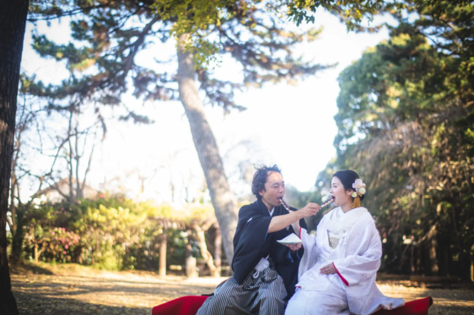 日本庭園で幸せを約束するファーストバイトを団子で行う和装の新郎新婦