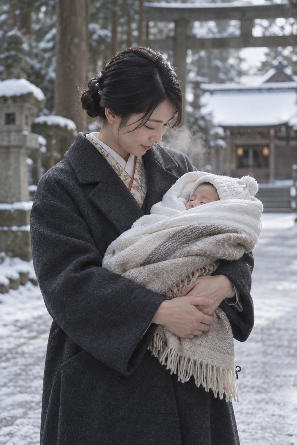 冬のお宮参り｜おくるみと毛布で防寒した赤ちゃんと家族