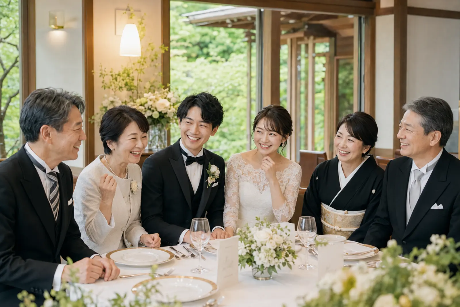 フォトジェリッシュのフォト会食で新郎新婦と家族が笑顔で食事を楽しんでいる様子