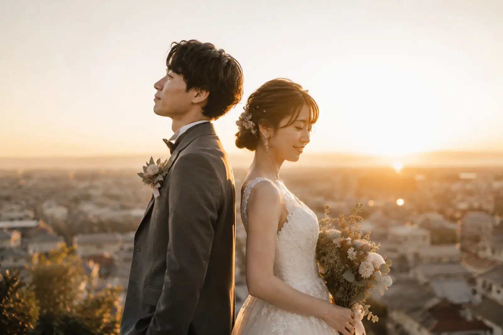 夕日を背景に新郎新婦が背中合わせで立つロマンチックなフォトウェディング写真