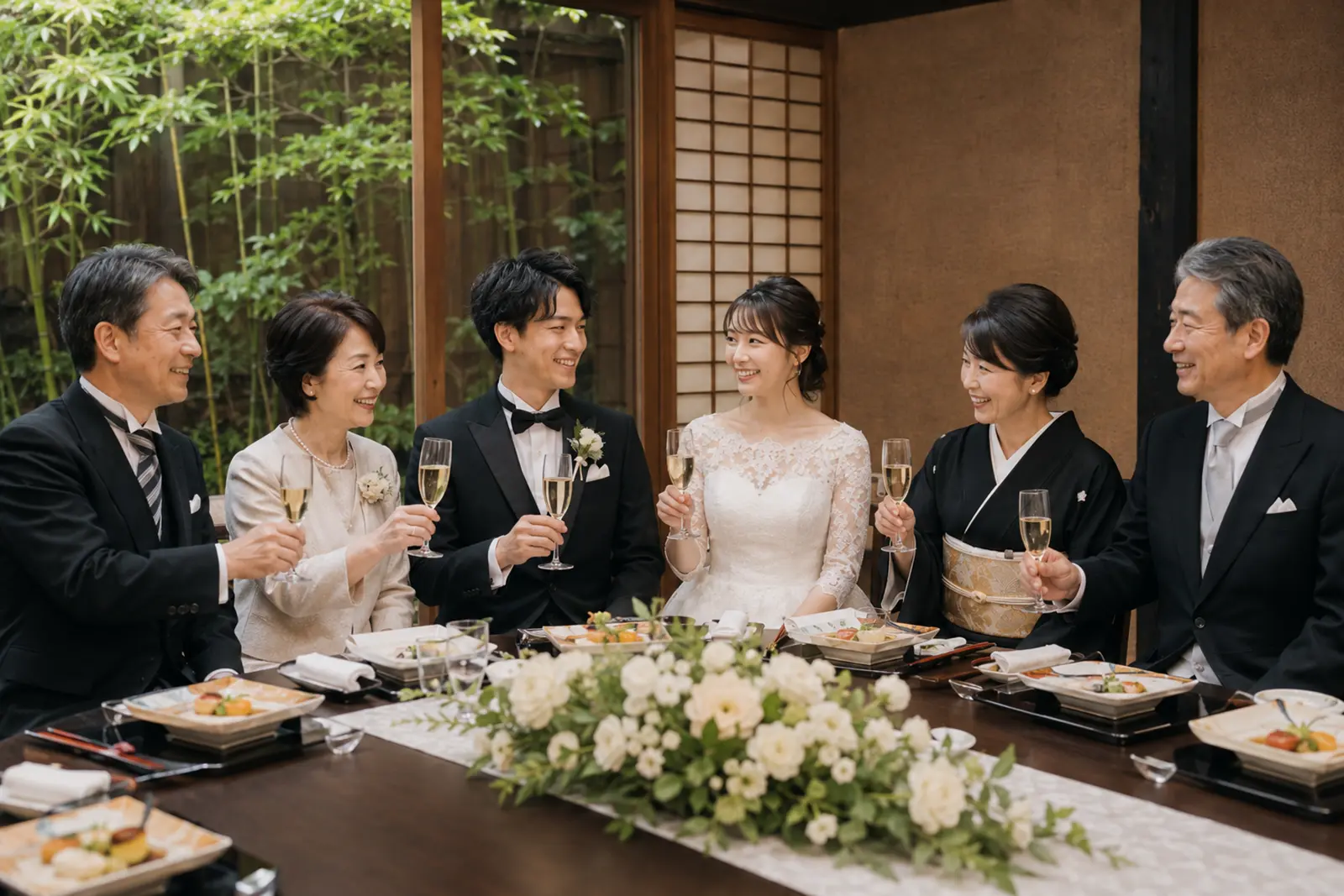 会食付きフォトウェディングで新郎新婦と両家の親がフォーマルな服装で乾杯している様子