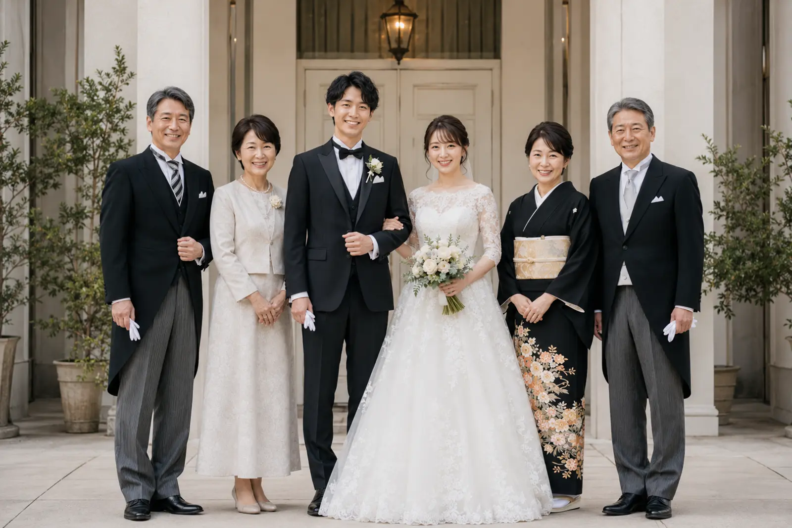フォトウェディングで新郎新婦と両家の親が並び、服装の色味やフォーマル度がそろった家族写真