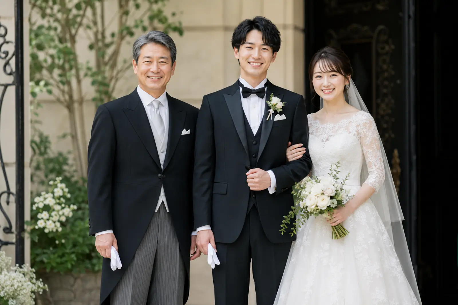 フォトウェディングで父親がモーニングを着用し、新郎新婦と並んでいる家族写真