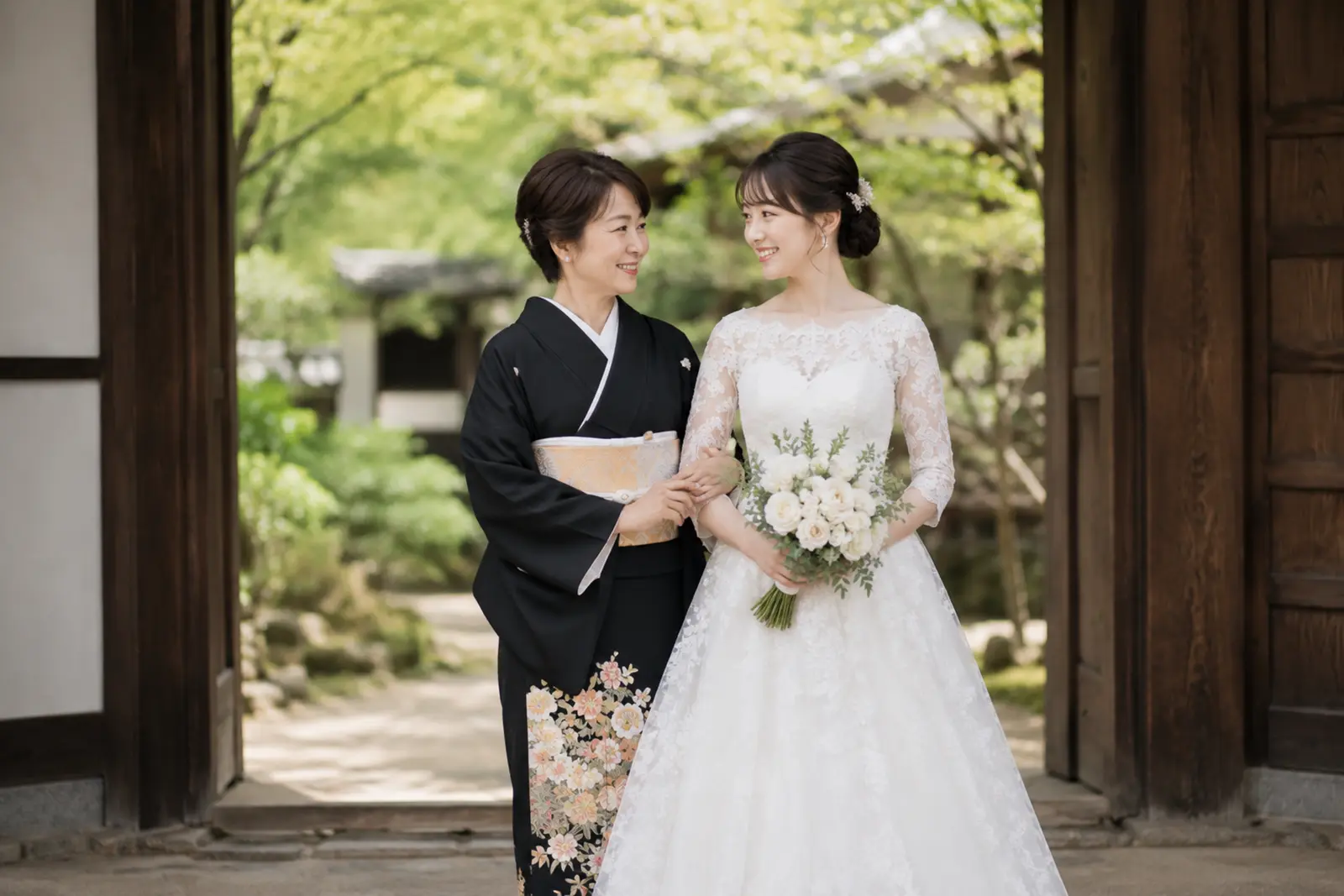 フォトウェディングで新婦と母親が並び、母親の黒留袖姿が分かる親子写真