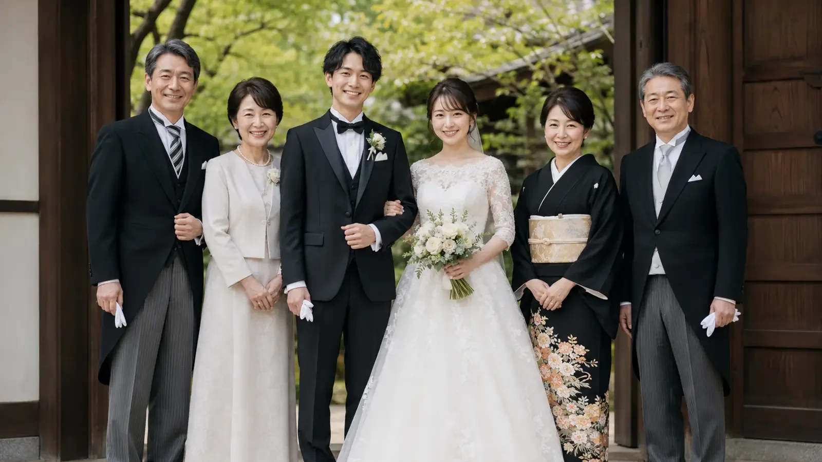 フォトウェディングで新郎新婦と両家の親が並び、親の服装の格やバランスが分かる家族写真