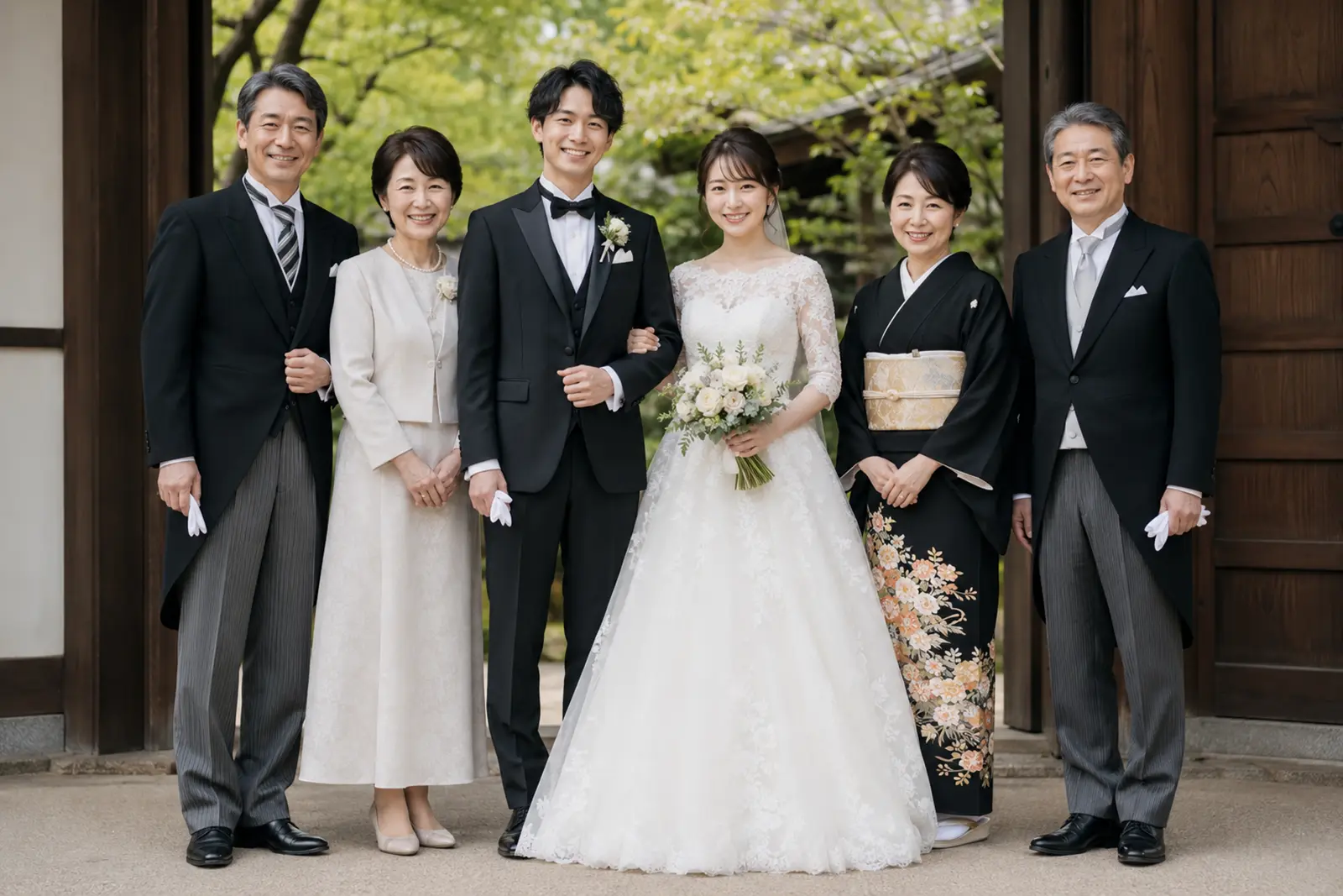 フォトウェディングで新郎新婦と両家の親が並び、親の服装の格やバランスが分かる家族写真