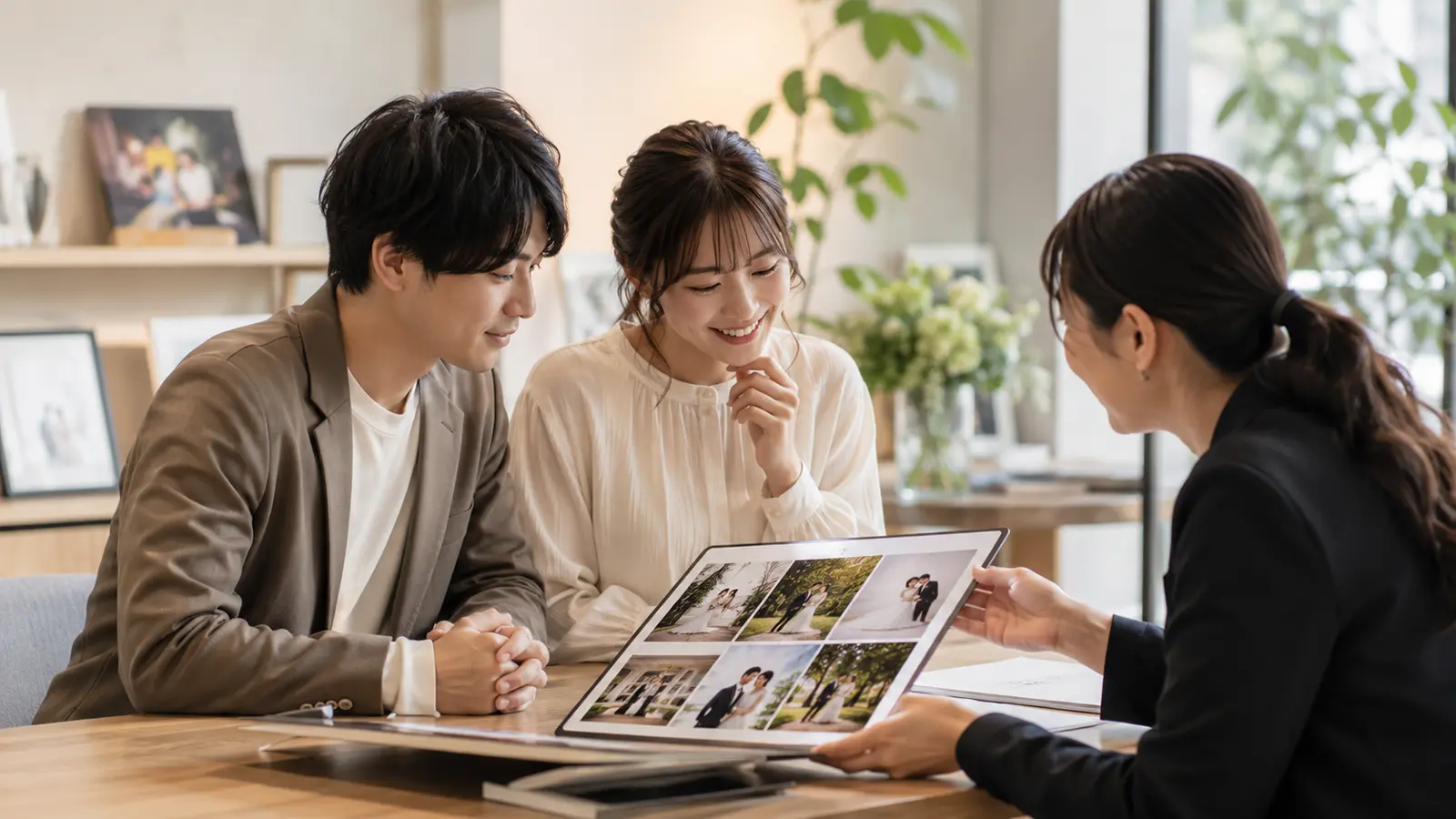 フォトグラファー指名制度について写真の雰囲気を相談している新郎新婦
