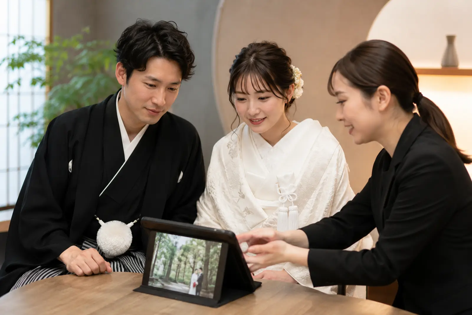 フォトウェディング撮影後にタブレットで写真を確認する新郎新婦