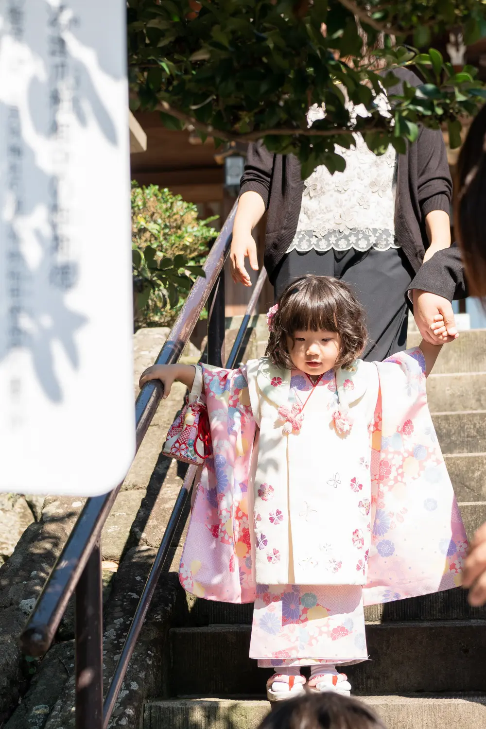 六所神社の石段の上で両手を広げ、手を取られて降りてくる被布姿の3歳の女の子の七五三撮影