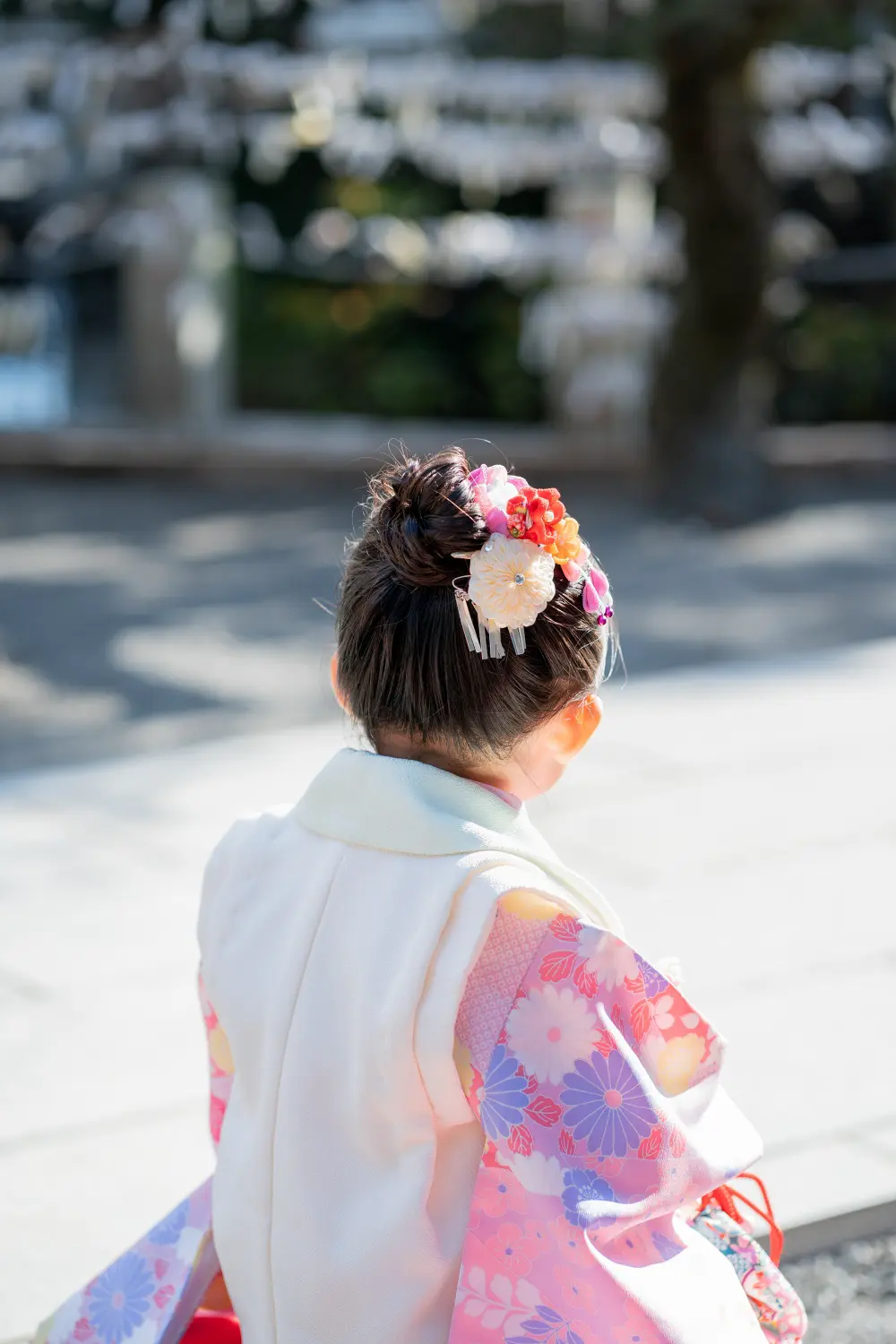 まとめ髪に花かんざしをつけた被布姿の3歳の女の子の後ろ姿（七五三・六所神社・大磯）