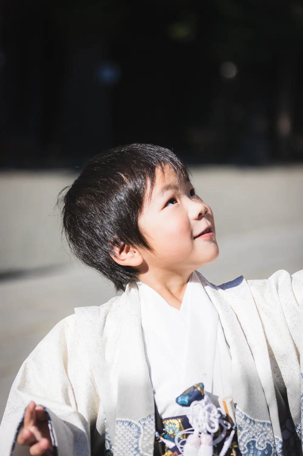 晩秋の硬い光と影の境目で上を見上げ口元をほころばせる5歳の男の子、生成りの羽織姿の七五三撮影（六所神社）