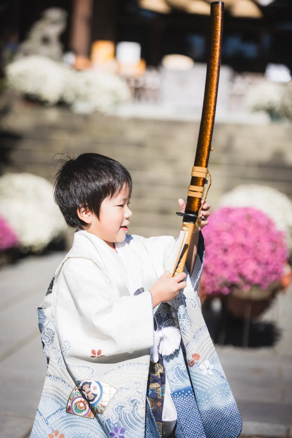 ピンクの菊の鉢を背景に飾りの太刀を立てて見上げる5歳の男の子の横顔、羽織袴の七五三撮影（六所神社）