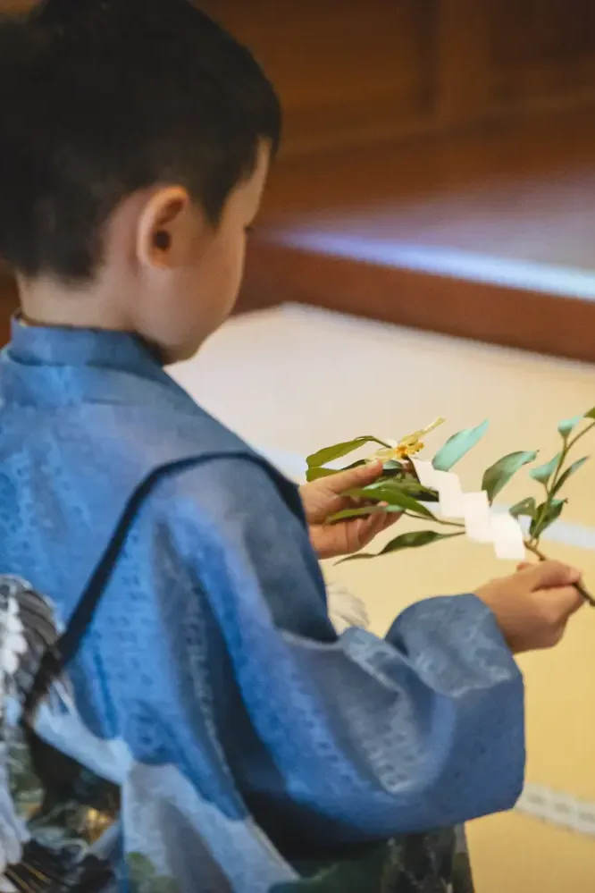 紙垂の付いた榊の玉串を両手で受け取って見つめる5歳の男の子、青い羽織袴（七五三・六所神社）