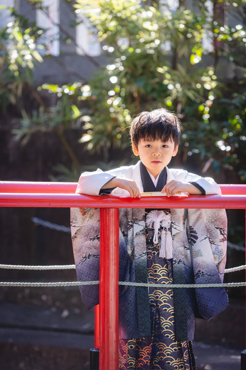 朱塗りの手すりに両腕を乗せ白木の扇を置いてカメラを見つめる5歳の男の子、七五三（六所神社・大磯）