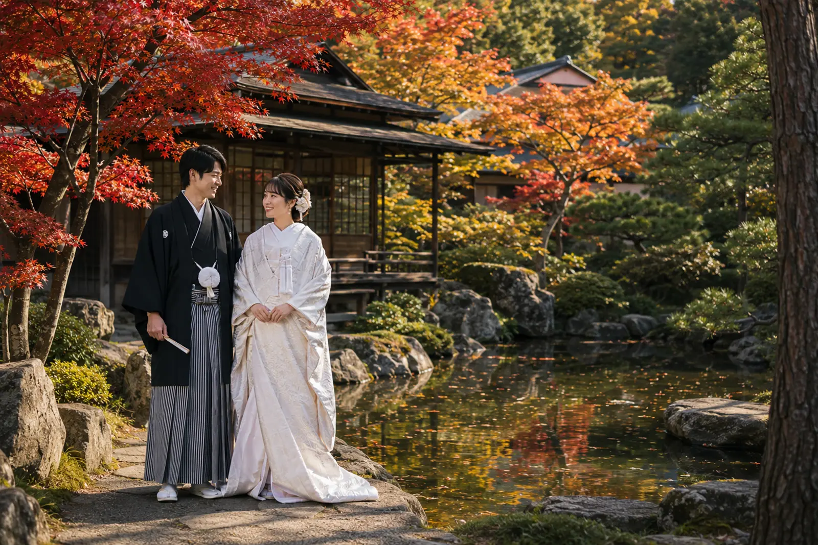 三溪園のような日本庭園で紅葉と池を背景に和装の新郎新婦が立つ前撮り写真