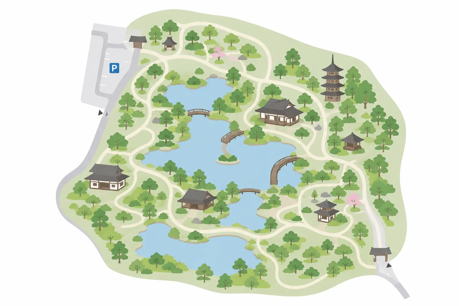 三溪園の池や橋、歴史的建造物の撮影スポットを示したシンプルなロケーションマップ