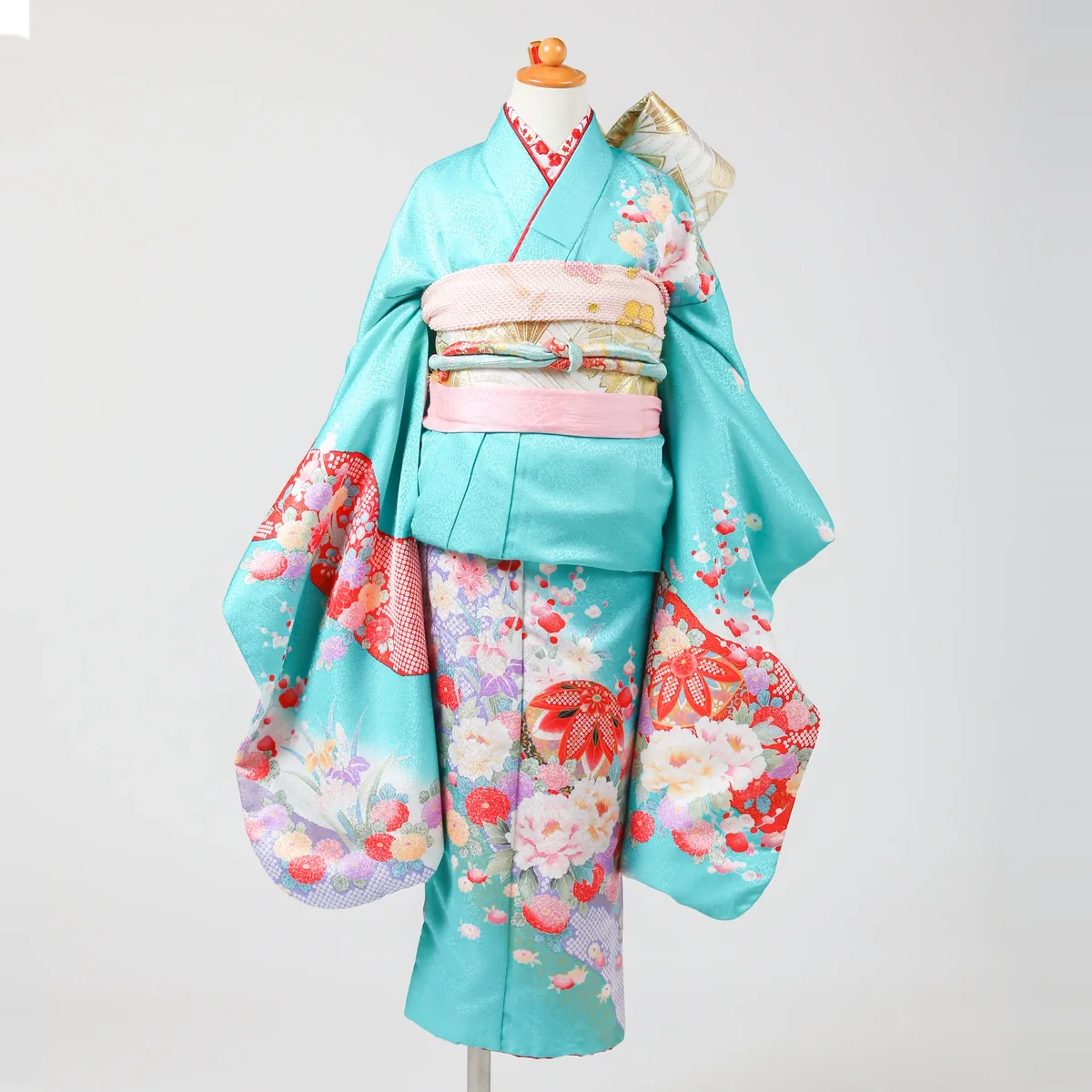 七五三 7歳女の子の四つ身 ターコイズ×赤・花柄 品番G7-135｜フォトジェリッシュ金沢店