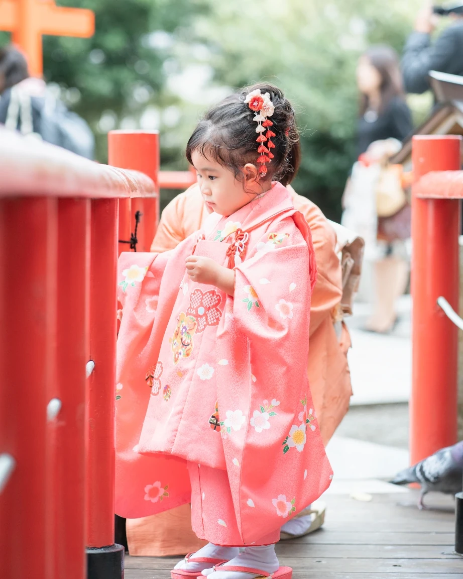 髪を結んで赤い下がり飾りをつけた3歳の女の子。ピンクの被布姿で朱色の柵のそばに立つ