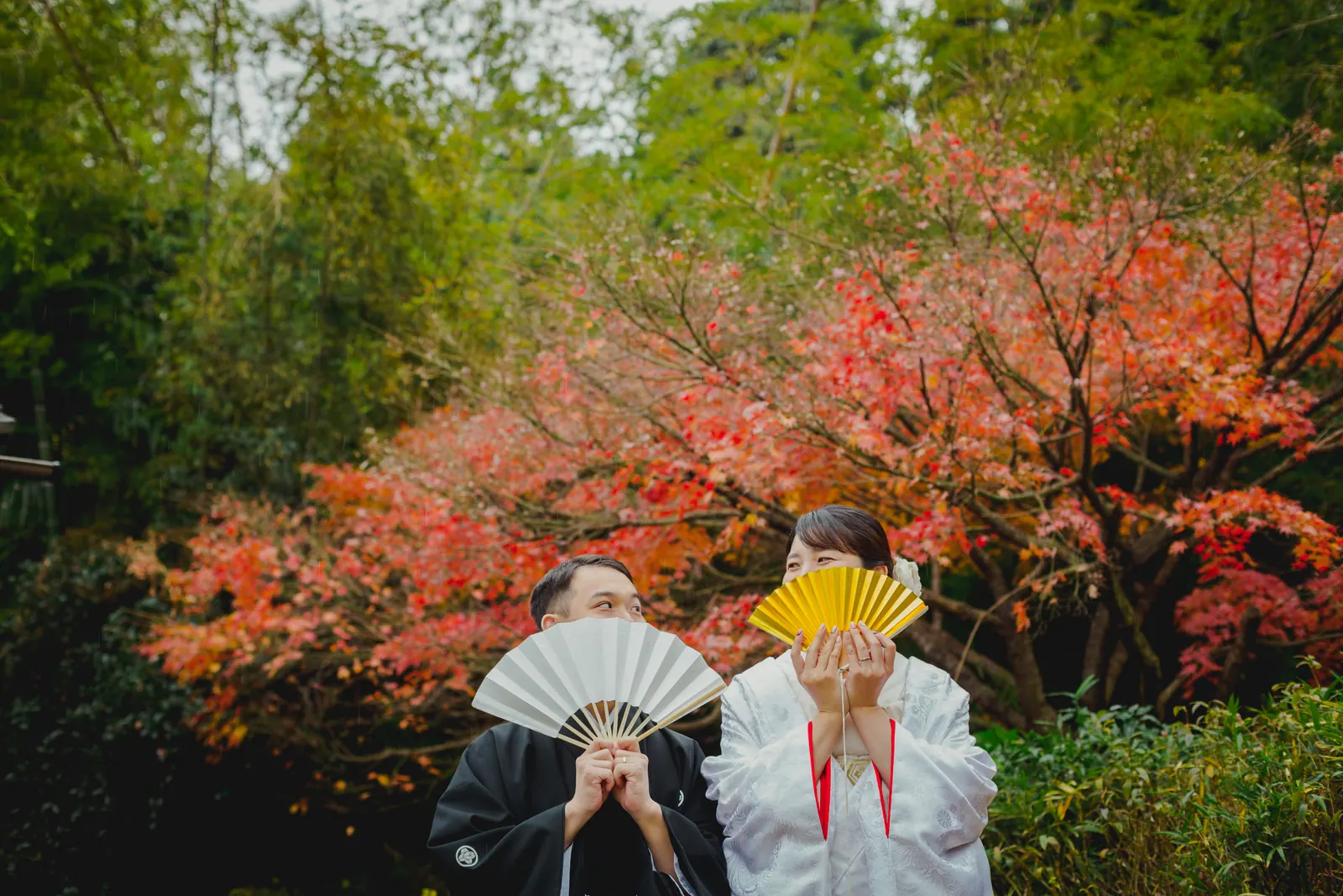 称名寺の赤く色づいたもみじを背景に、白と金の扇子で顔を隠して笑う白無垢の花嫁と紋付袴の新郎