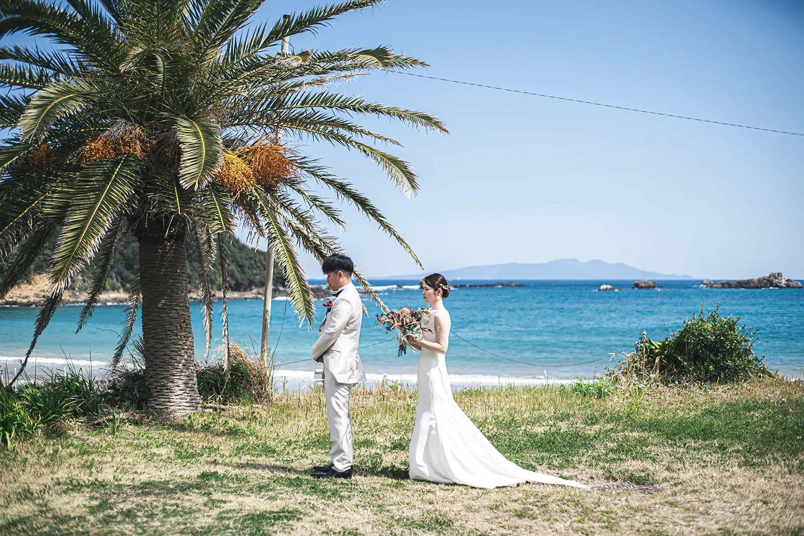 伊豆・下田の外浦海岸でヤシの木と海を背景に撮影する新郎新婦