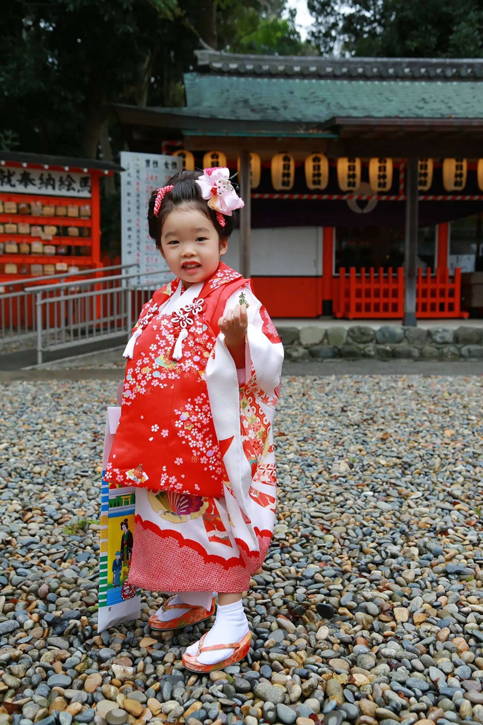 玉砂利の参道で神社でいただいた袋を提げ、手を挙げて笑う赤い被布姿の3歳の女の子、七五三（相州春日神社・横浜）